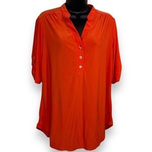 XL CORAL ORANGE STRETCH BLOUSE TOP GOLD ACCENT HALF SLEEVE STRETCH VNECK